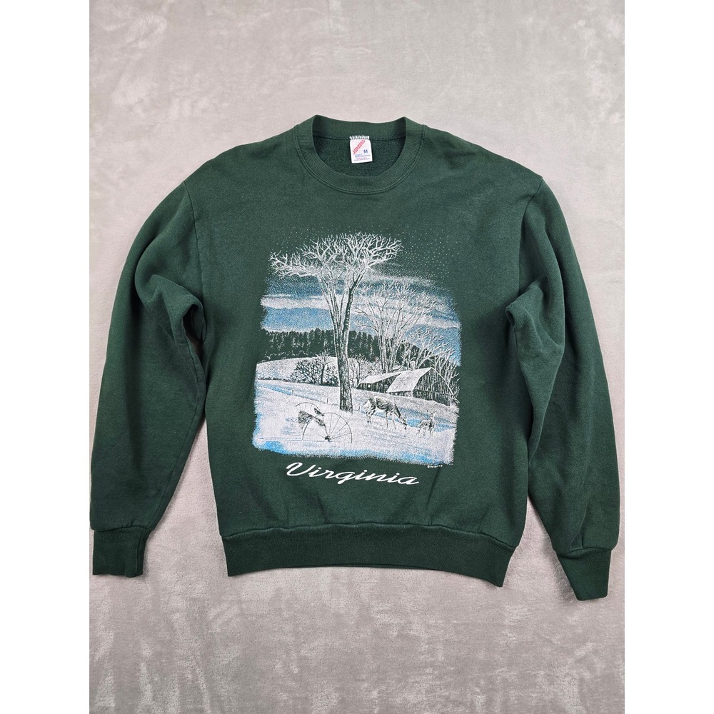 Vintage Jerzees Sweatshirt Mens M Fit S Green Virginia Winter Nature USA Made